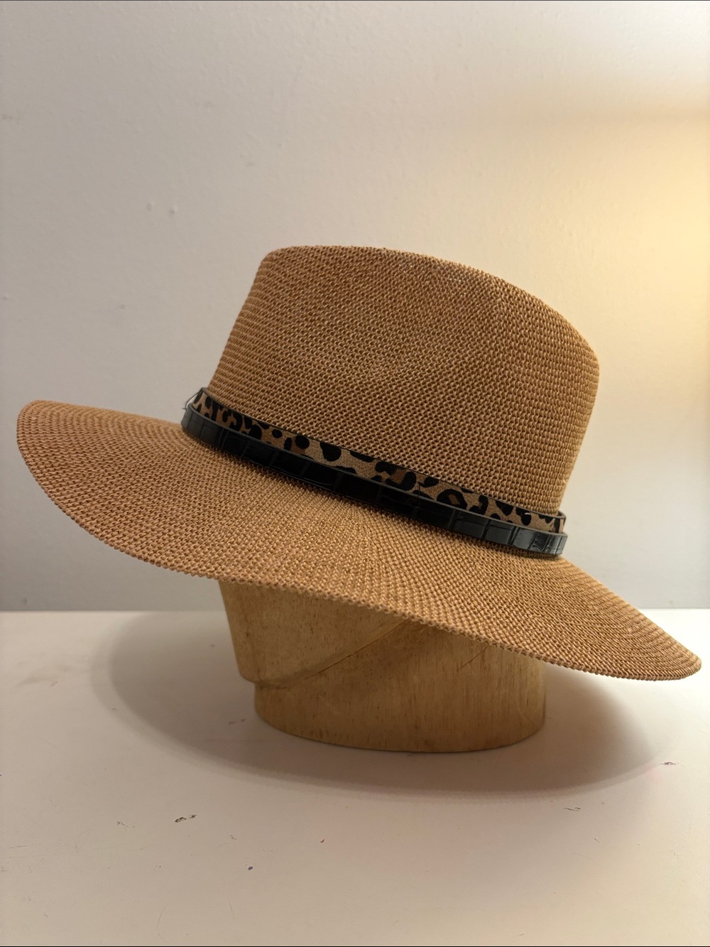 Vince Camuto Straw Wide-Brim Hat with Leopard and Leather Trim NWT